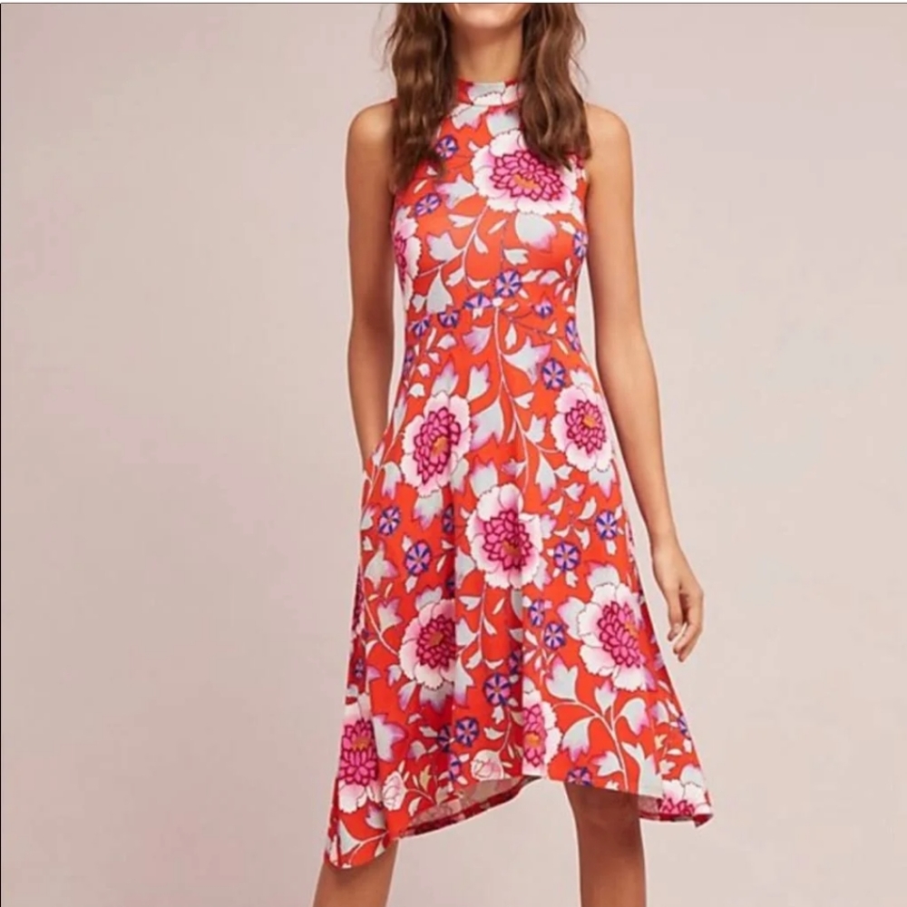 Anthropologie Maeve Clearly Red Floral Knit Mock Neck Dress
